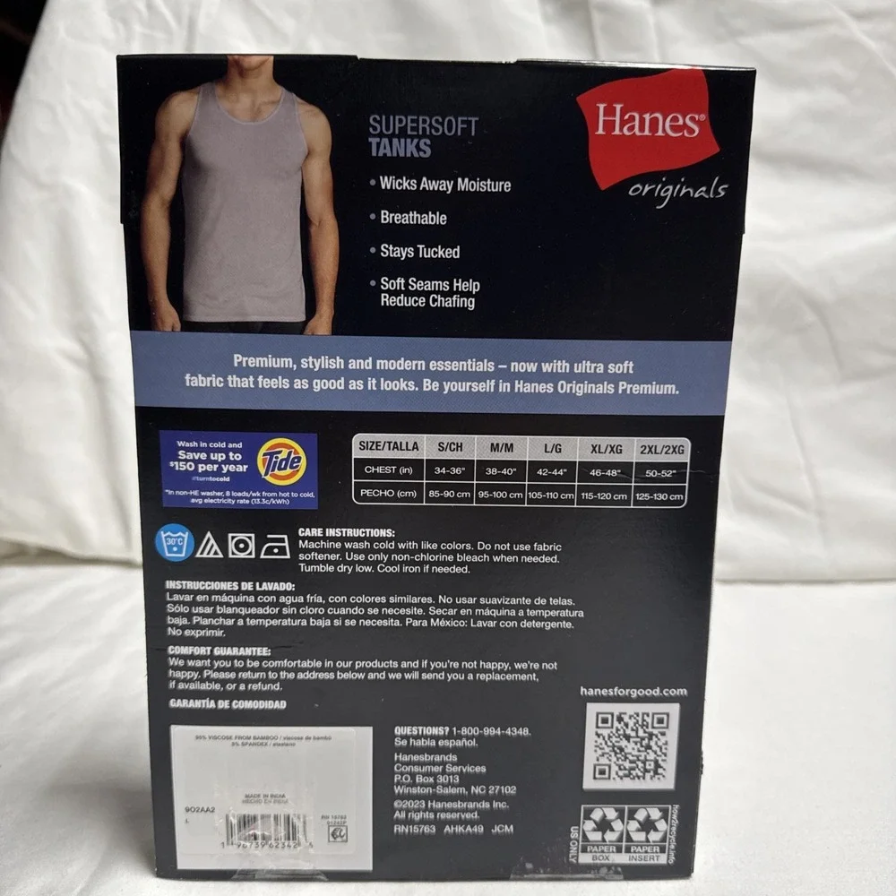 Hanes Tank Top/Undershirts Super Soft Black/Gray 2-Pk Mens Size Large 42